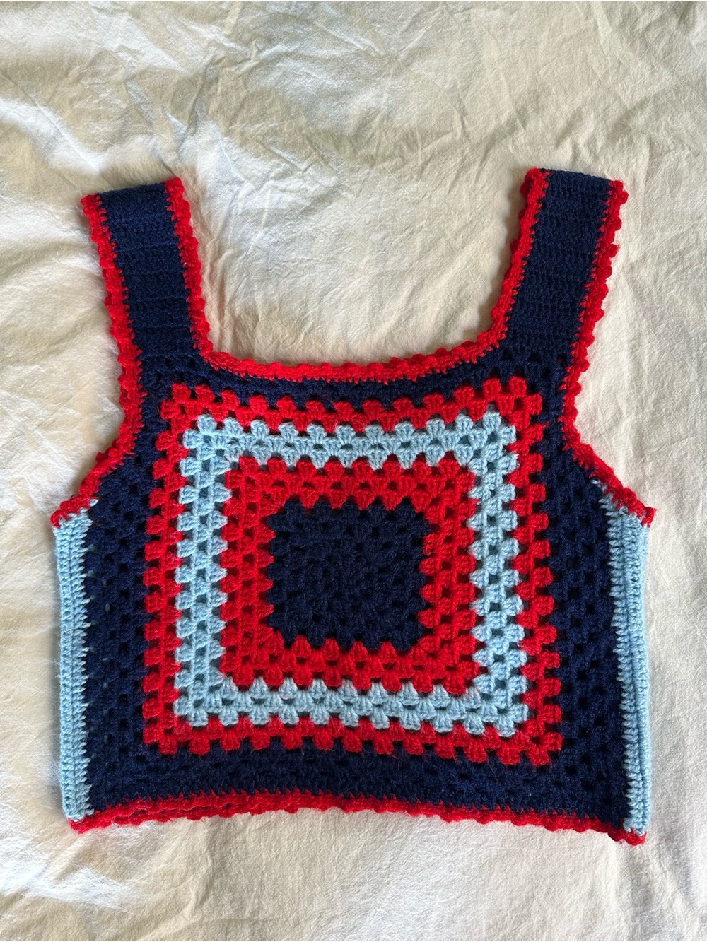 Handmade Navy, Red & Light Blue Crochet Tank Top